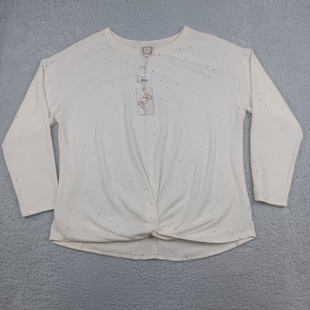 Trueself Star Print Twist Front Top Womens 2X Ivory Gold Foil Long Sleeve NWT